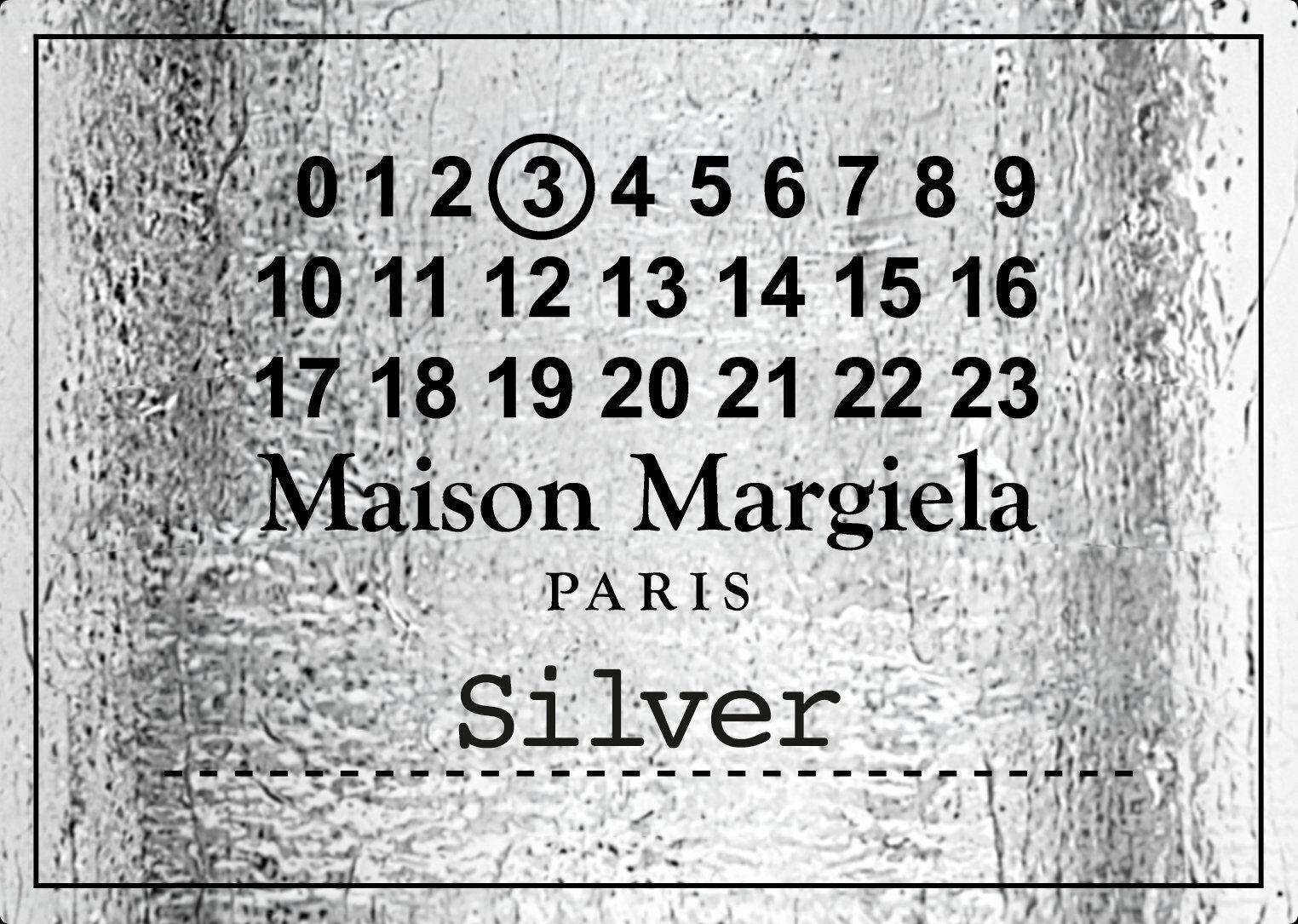 Silver Maison Margiela Paris label graphic with black text and textured background.