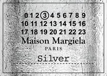 Silver Maison Margiela Paris label graphic with black text and textured background.